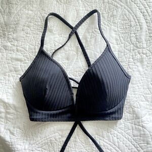 ❤️32B Black Ribbed Longline V-Wire Padded Triangle Bikini Top Criss-Cross Ties